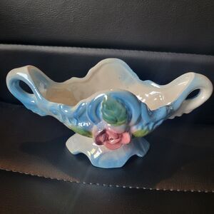 Vintage Lusterware candy dish In blue with Rose 3" T 7"wide 3.25"D Taiwan Bowl